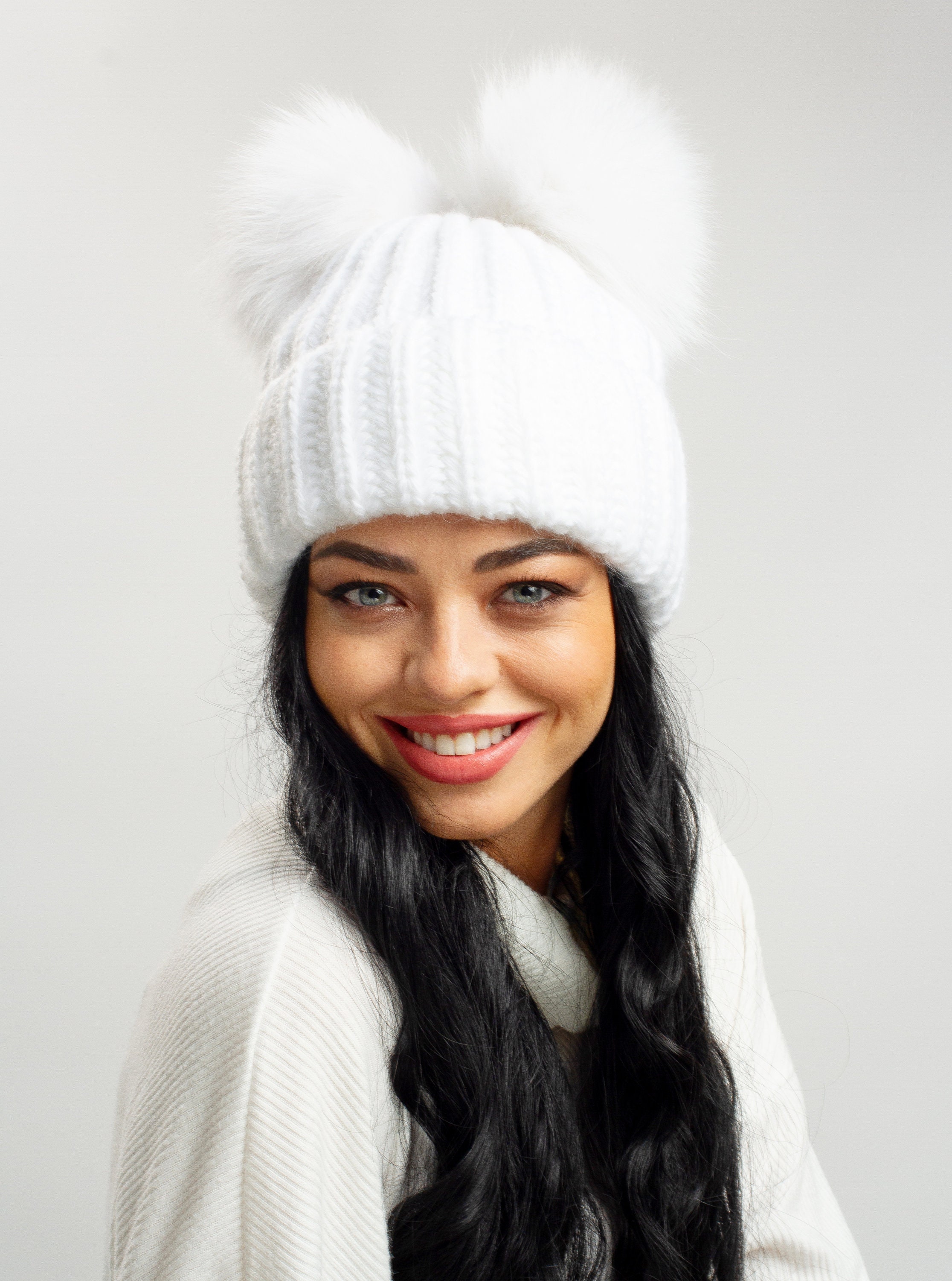 Faux Fur Double Pom Pom Beanie Fleece Lined, Pompom Hat, Chunky