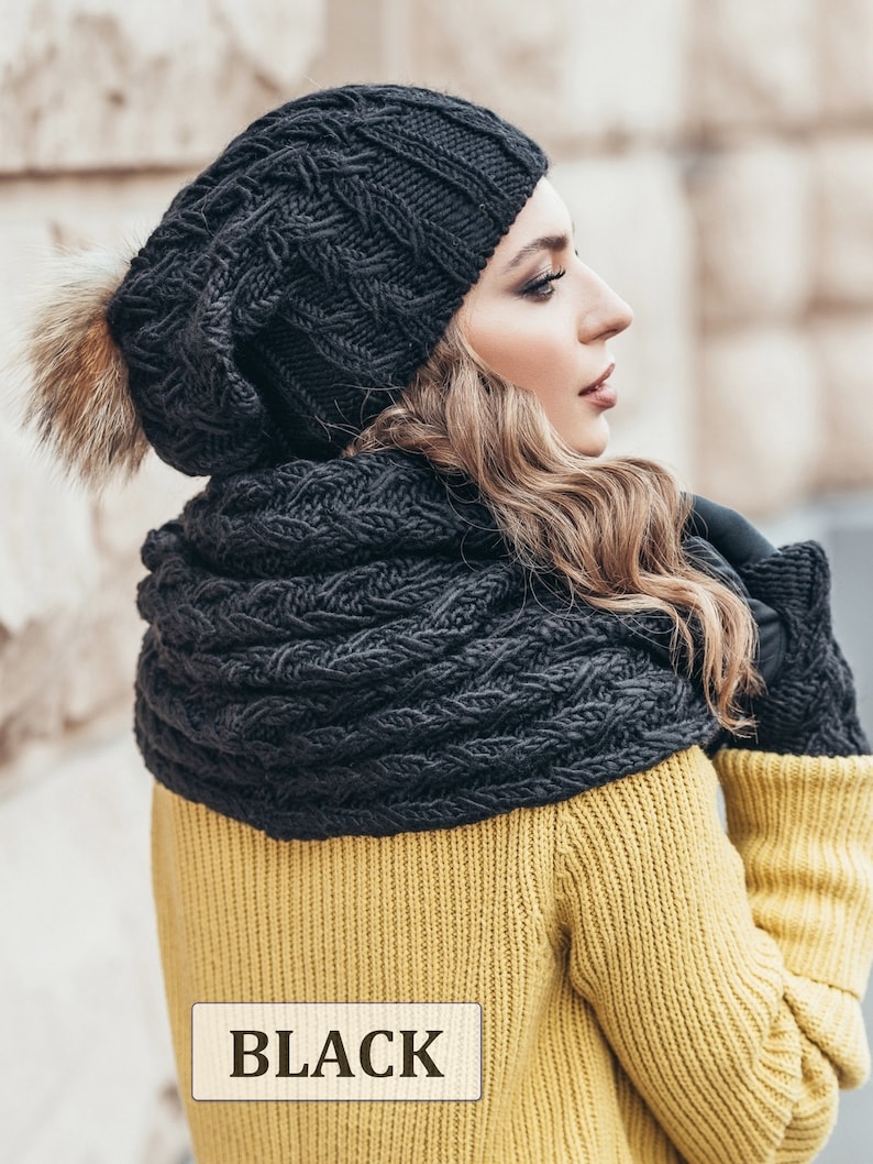 Ensemble bonnet écharpe et gants, ensemble bonnet écharpe, bonnet écharpe mitaines-chapeau écharpe femme-bonnet d'hiver à pompons doublé de polaire mitaines gants écharpe Noir