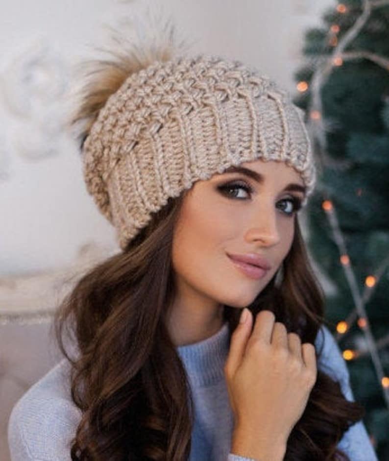 Knit Pom slouchy beanie fleece linedBig pom pom hatChristmas Etsy