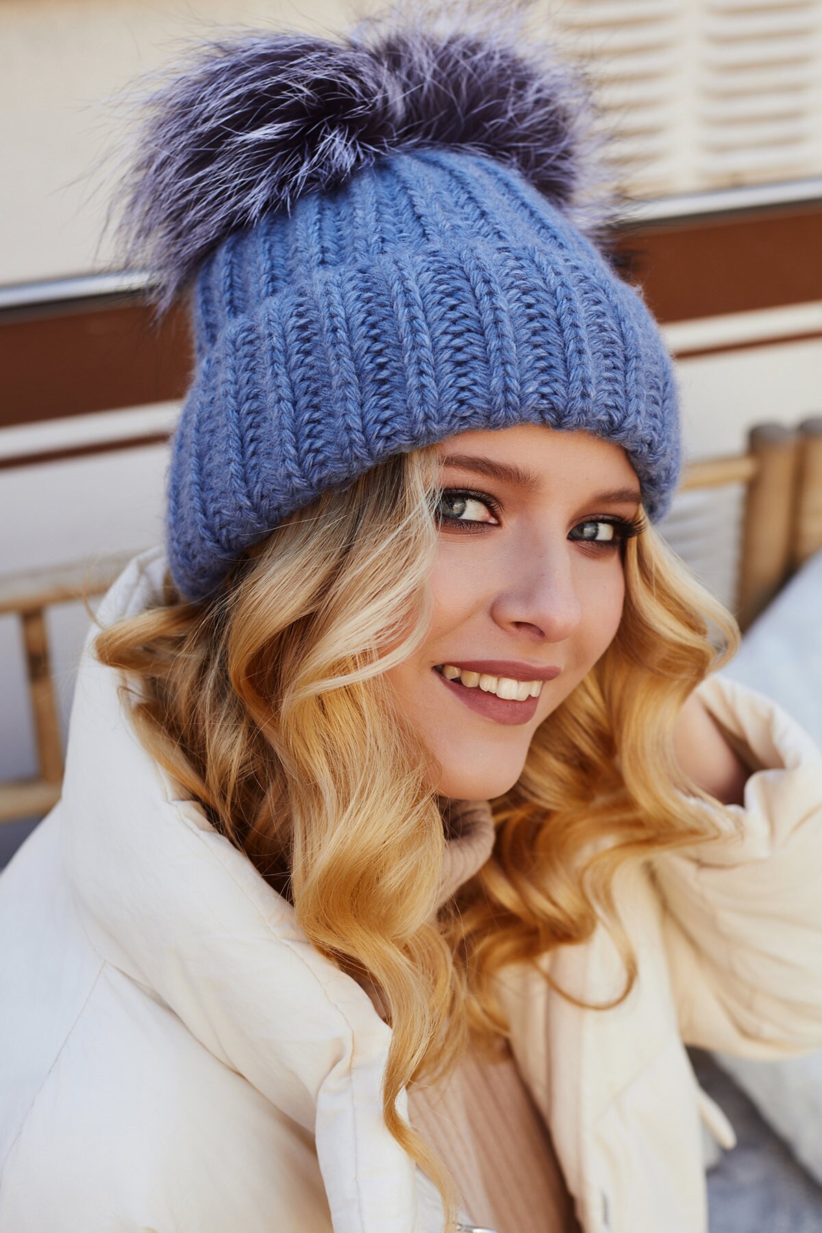 Ladies winter hat with genuine blue fox pom Women main image 4