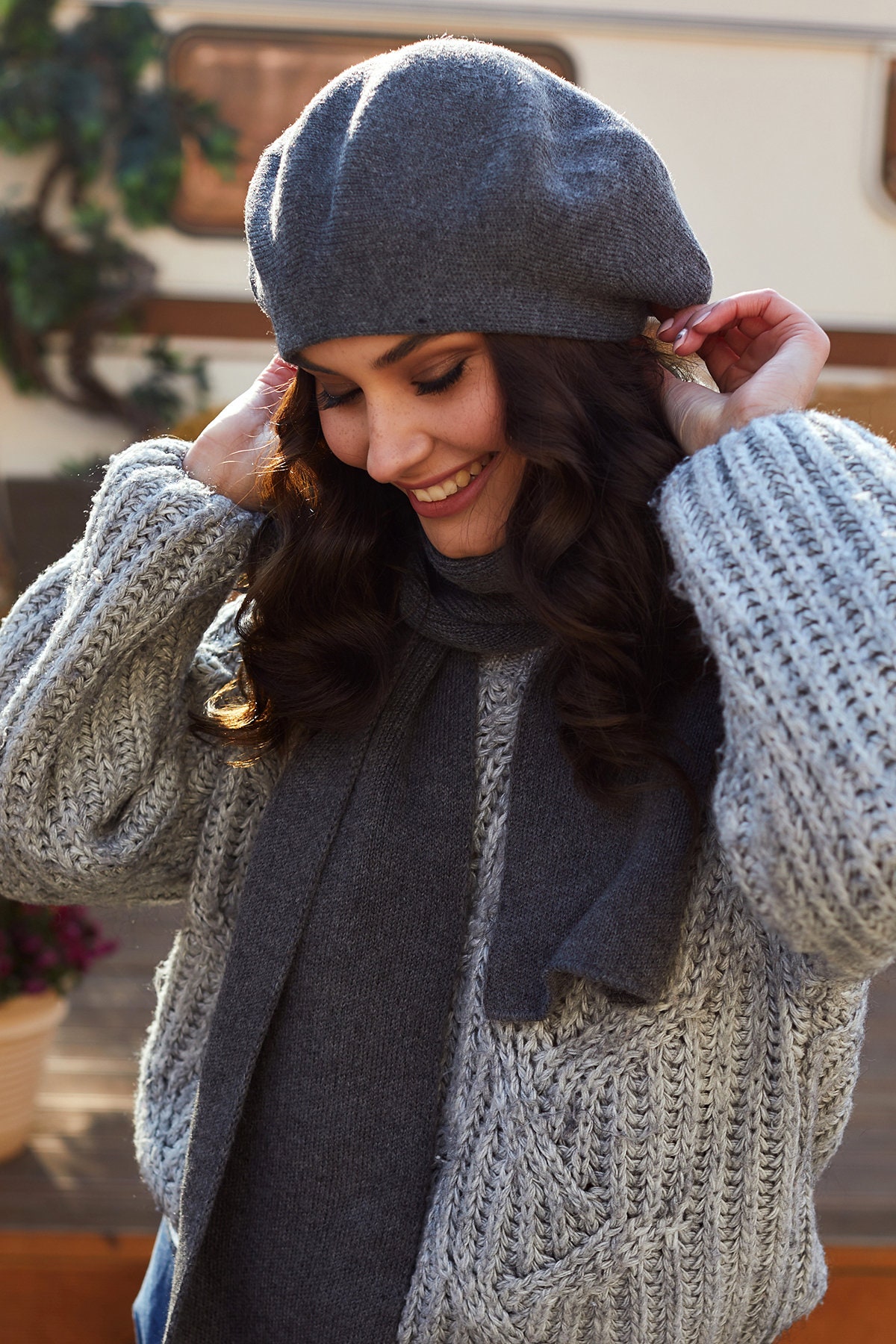 5699 Beret And Scarf Set Heather Grey One Size Cable Knit Scarf and Beanie Set Light Grey Mel | French  main image 3