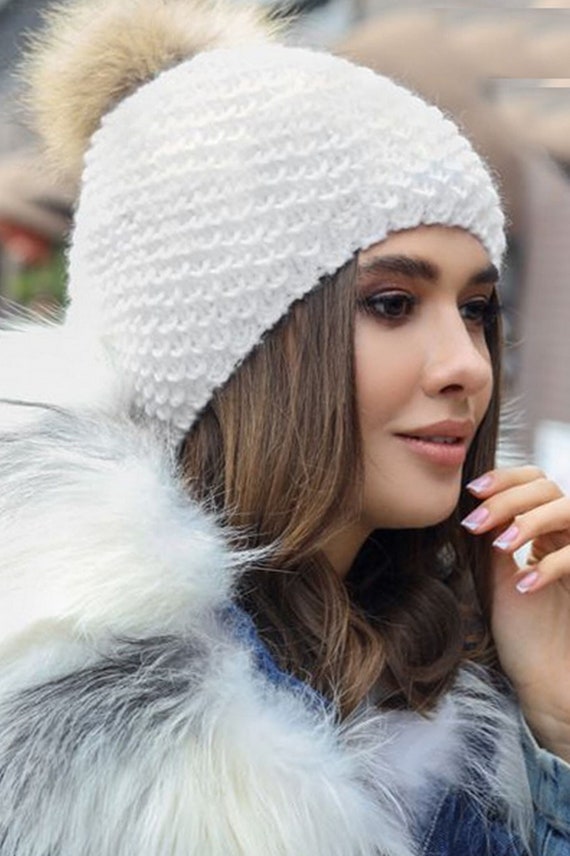 Women's Faux Fur Pom Pom Beanie Hat - Fleece Lined Slouchy Knit Winter Hat, One Size Fits Most