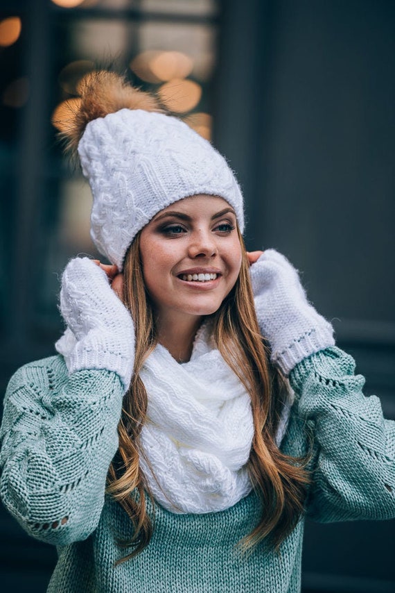 Winter Hat Scarf and Gloves Set-pom Pom 