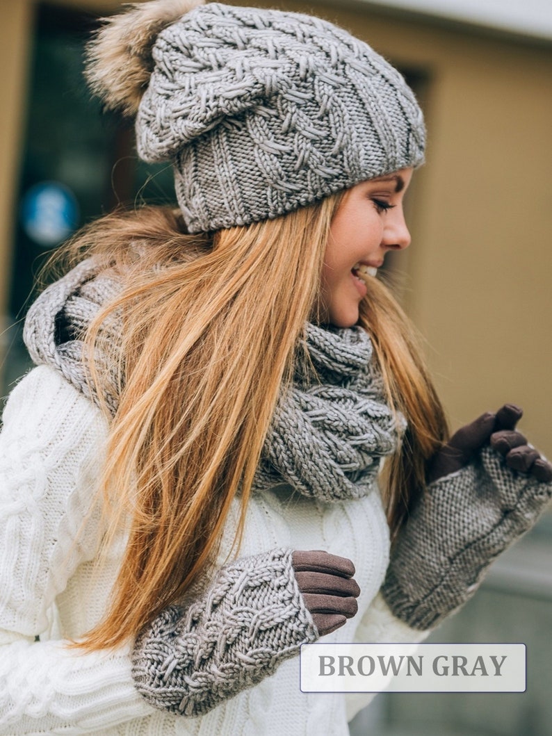 Hat Scarf Gloves Set, Hat Scarf Combo, Hat Scarf Mittens-Hat Scarf Womens-Winter pom pom slouchy hat lined with fleece Mittens Gloves Scarf Brown Gray