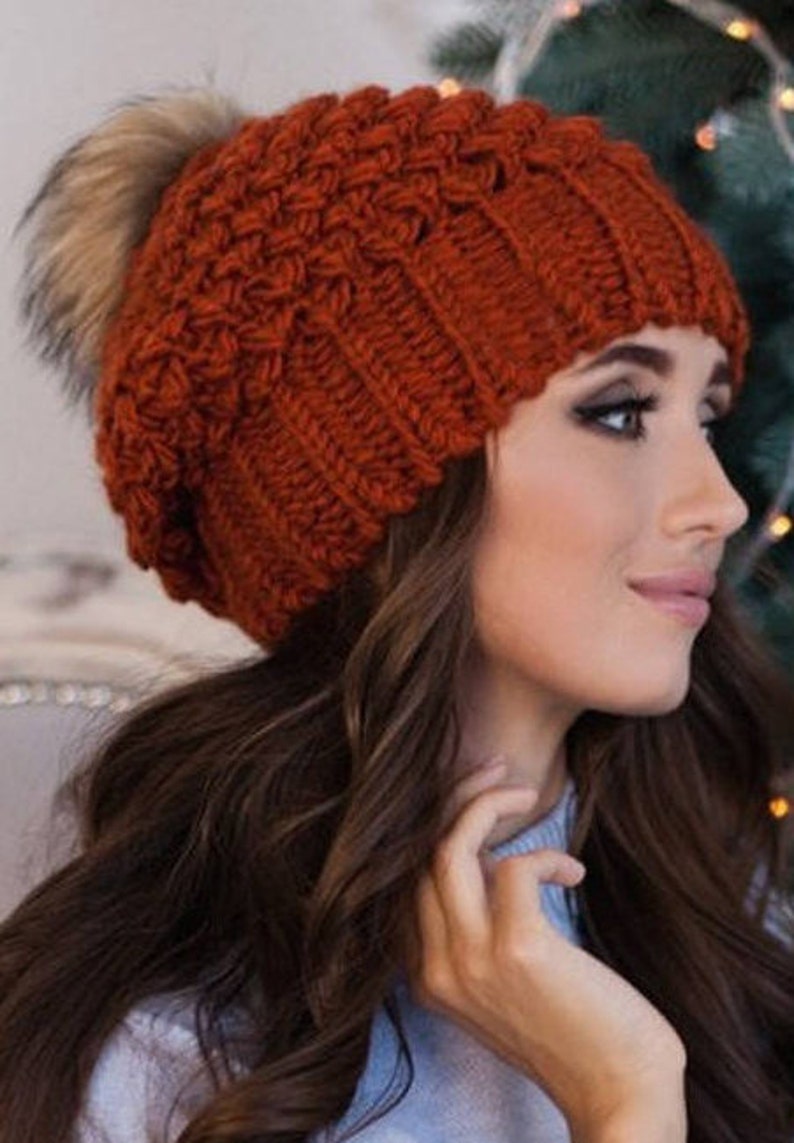 Knit Pom slouchy beanie fleece linedBig pom pom hatChristmas Etsy