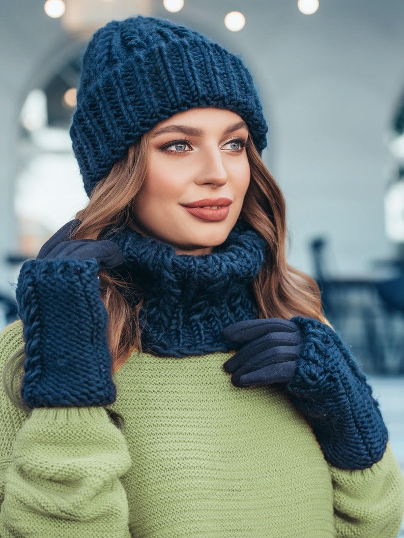 Knit Hat Scarf Gloves Set/Super Soft Stretchy Winter Autumn | Etsy