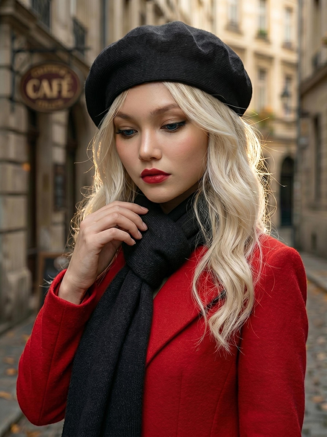 Black Beret Hat Scarf Set for Women, Beret, Scarf, Tam, French