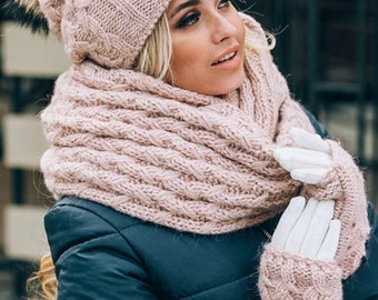 Winter Hat Scarf and Gloves Set-pom Pom Beanie Infinity  display picture 2