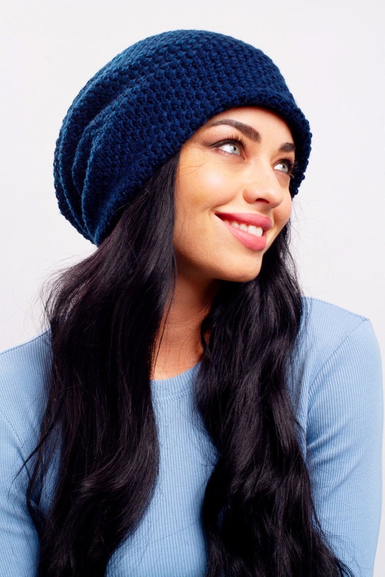 Slouchy Beanie with Cotton Lining Big Hair Cotton Lined Beanie Bad Hair Day Beanie Chemo hats for women Spring Summer Beanie Hat Blue