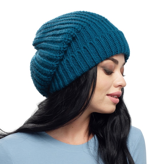 Blue Beanie Hat Womens Knitted Chunky‎ Thick Cozy Slouchy Winter Warm One Size Blue Chunky Knit Beanie, Slouchy Women main image 2