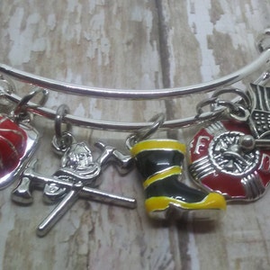 Fireman,Firefighter Charms, Wire Bangle Bracelet, charms,Fire Hat, Fire Boot, Maltese Cross, Flag, Stakable charm bracelet