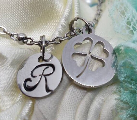 initial necklace monogram initial charm personalized necklace Four leaf clover necklace nature necklace four leaf clover charm 
