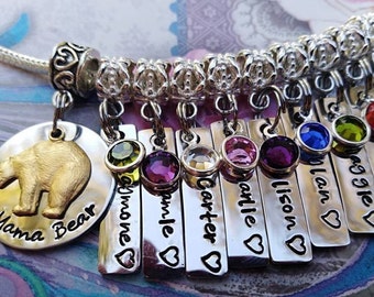 Personalized MAMA BEAR,  name charms, Nana, Mimi, Grandma, Mom, gift from grandchildren, Engraved Fits European charm bracelets beads