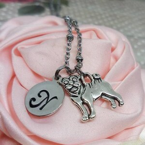 Pug Initial charm necklace, Pug initial Heart Charm Necklace, Pug dog charm, Pug jewelry, dog breed necklace, Pug Dog Memorial