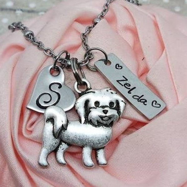 Maltese Initial or name bar charm necklace, Maltese initial Heart Charm Necklace, Maltese dog breed necklace, Maltese  dog Memorial