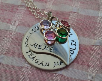 hand stamped,Mommy, Mimi, Grandma, MOM, Nana Name NECKLACE with HEART and Birthstones sterling silver charm necklace