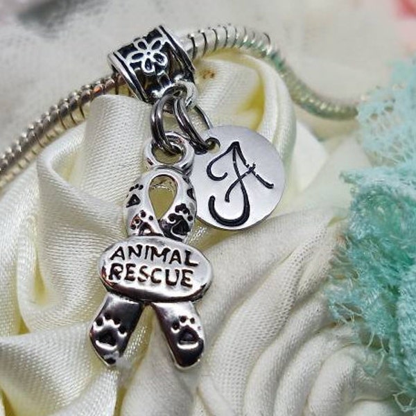 Animal Rescue Paw Print ribbon initial charm, Fit European charm bracelets, Animal Rescue, Paw Print, dog paw ribbon initial charm