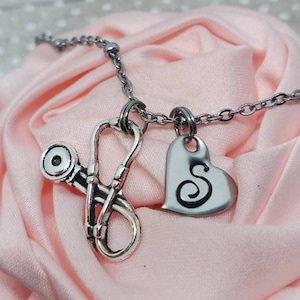stethoscope Initial charm necklace, stethoscope nurse Charm Necklace, stethoscope  charm,  stethoscope  jewelry,