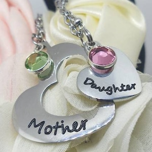 Mother Daughter Necklace set, Mother Daughter Birthstone heart necklace, Two stainless heart Mother and Daughter necklaces