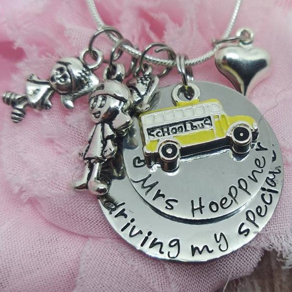 School Bus Driver necklace, I love driving my special cargo.  bus driver charm necklace with kids , bus charm