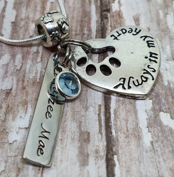 Dog Name Necklace Dog Name and Birthstone Dog Paw Necklace Etsy