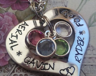 Hand Stamped, Name Necklaces, Cut out HEART, Crystal birthstones,Mom, Mommy, Grandma , Nana, MiMi, Sterling,stainless  charm necklace