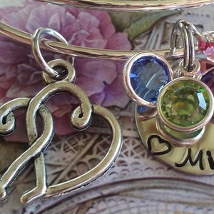 Hand Stamped, NANA, MIMI, Grandma, Granny, Mom, Mommy,  Birthstones, wire bracelet, stackable bracelet,