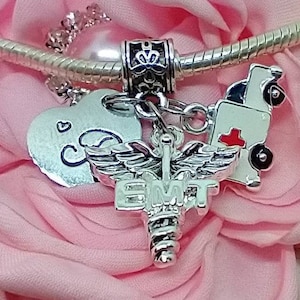 Initial Ambulance, EMT, charms,  EMT charm, style charm bracelets, European charm bracelets, For European bead charms 925 plated Enamel