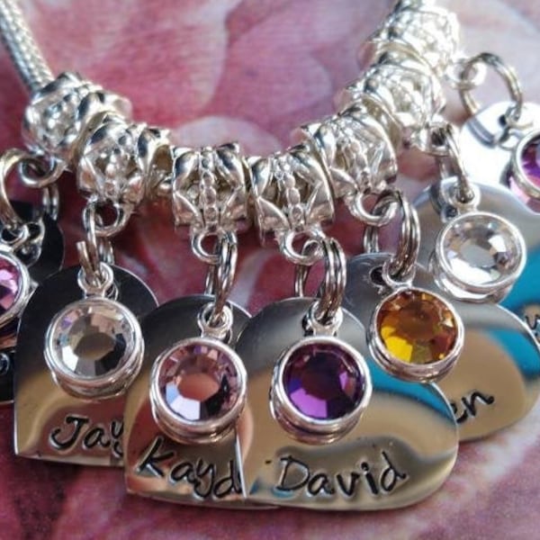 Personalized NAME charms with BIRTHSTONE, add to your European Charm Bead designed to fit your threaded Bracelet