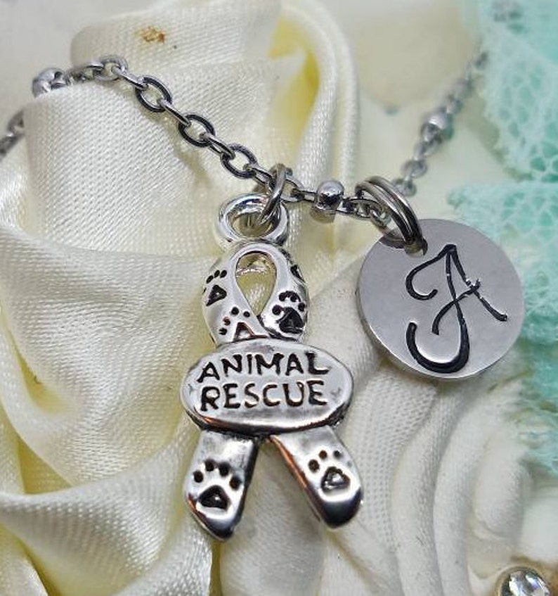Animal Rescue Paw Print Ribbon Initial Charm Necklace Animal - Etsy