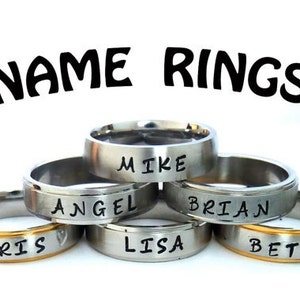 Hand gestempelt Namensringe, Name WEDDING Ringe, Edelstahl NAME RING, Edelstahl Komfort passen Ringe, Monogramm Ringe Regenbogen Namensringe