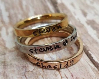 Personalized stack rings, Mothers rings, Eternity rings, hand stamped rings, Monogramed rings, Tri Color Stacking Rings, NAME rings