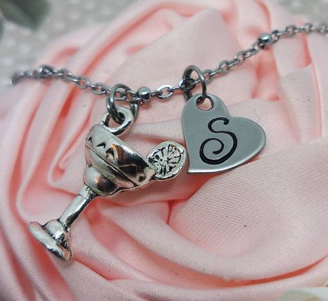 Margarita Initial Charm Necklace, Margarita Cocktails Charm Necklace