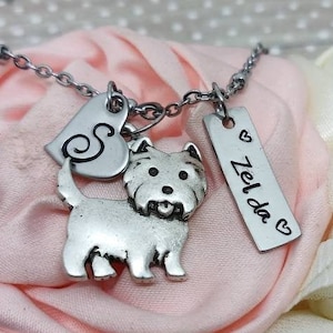 Westie Initial or name bar charm necklace, Westie initial Heart Charm Necklace, Westie dog breed necklace, Westie dog Memorial