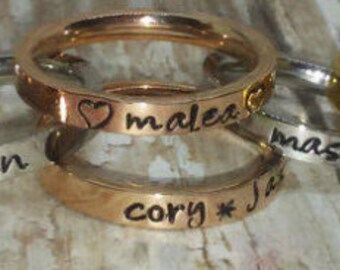 Personalized stack rings, Mothers rings, Eternity rings, hand stamped rings, Monogramed rings, Tri Color Stacking Rings, NAME rings