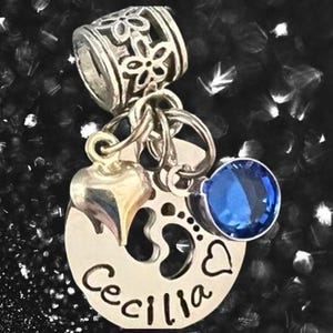 Name BABY feet charm, Personalized name Baby feet and birthstone fits European snake chain charm bracelets, Mothers Personalized baby charm,