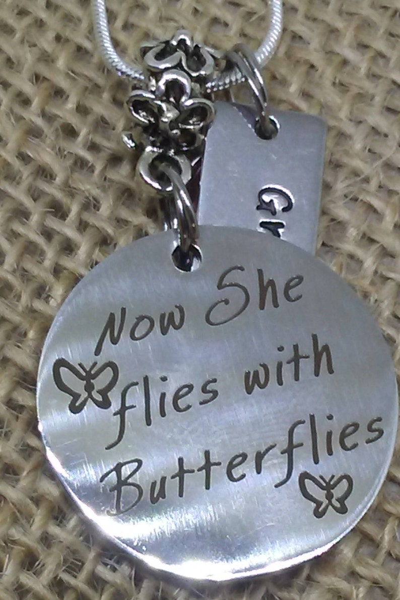Hand Stamped/ Engraved Now She Flies With BUTTERFLIES Name | Etsy