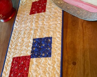 Patriotic reversible table or island runner in red, white, and blue