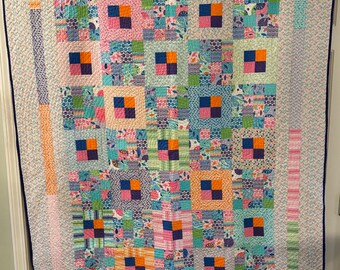 Generous patchwork colorful quilted throw, wall hanging, or decor