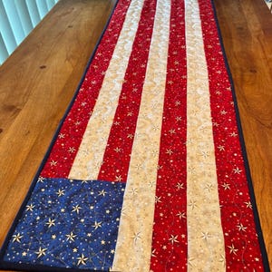 May include: A rectangular table runner with a patriotic design. The runner features alternating red and white stripes, with a blue square in the corner adorned with white stars. The edges are finished with a navy blue border.