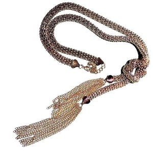 Lariat Style Woven Chain Necklace Tassels Gold tone Vintage 80&quot;s