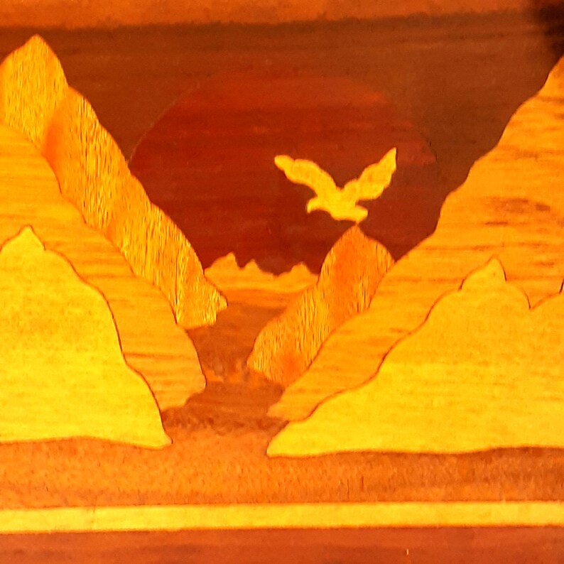 Vintage Inlaid Wood Marquetry Picture Eagle Mountains Signed 9.75 X 12.