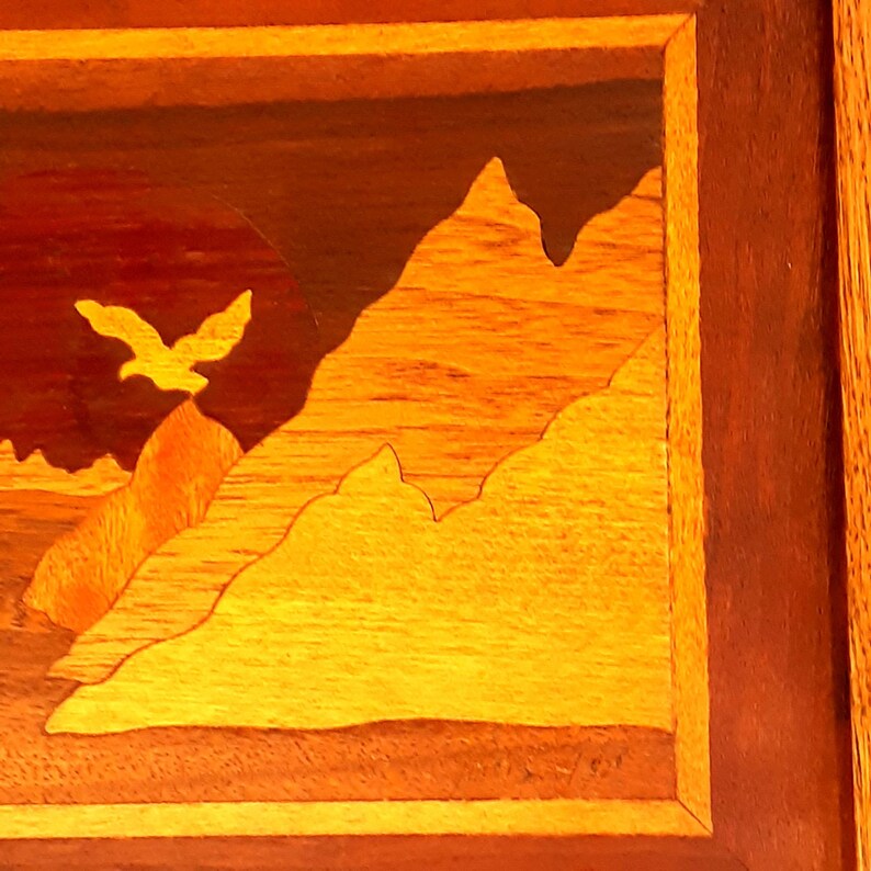 Vintage Inlaid Wood Marquetry Picture Eagle Mountains Signed 9.75 X 12.