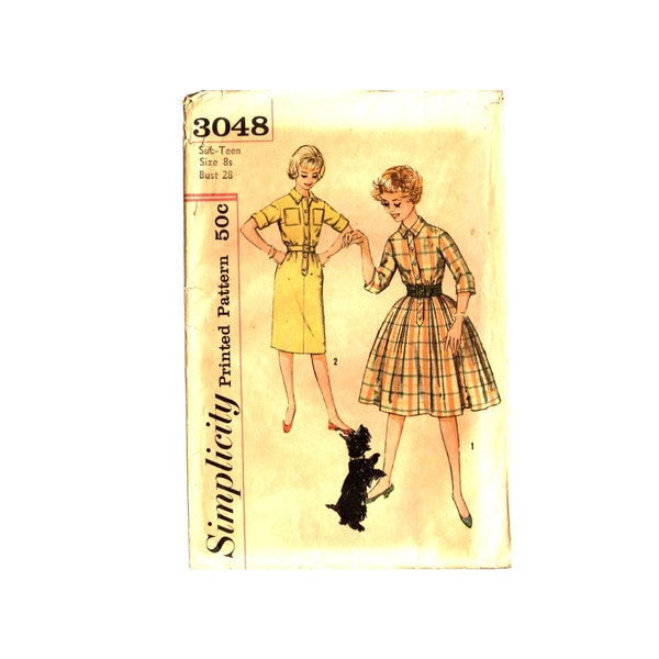 Vintage 1950s Pattern Simplicity 3048 Shirtwaist Dress Full Skirt Straight Skirt