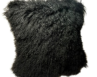 Mongolian Lamb Pillow Black Natural Down Feather Zipper 24 x 24