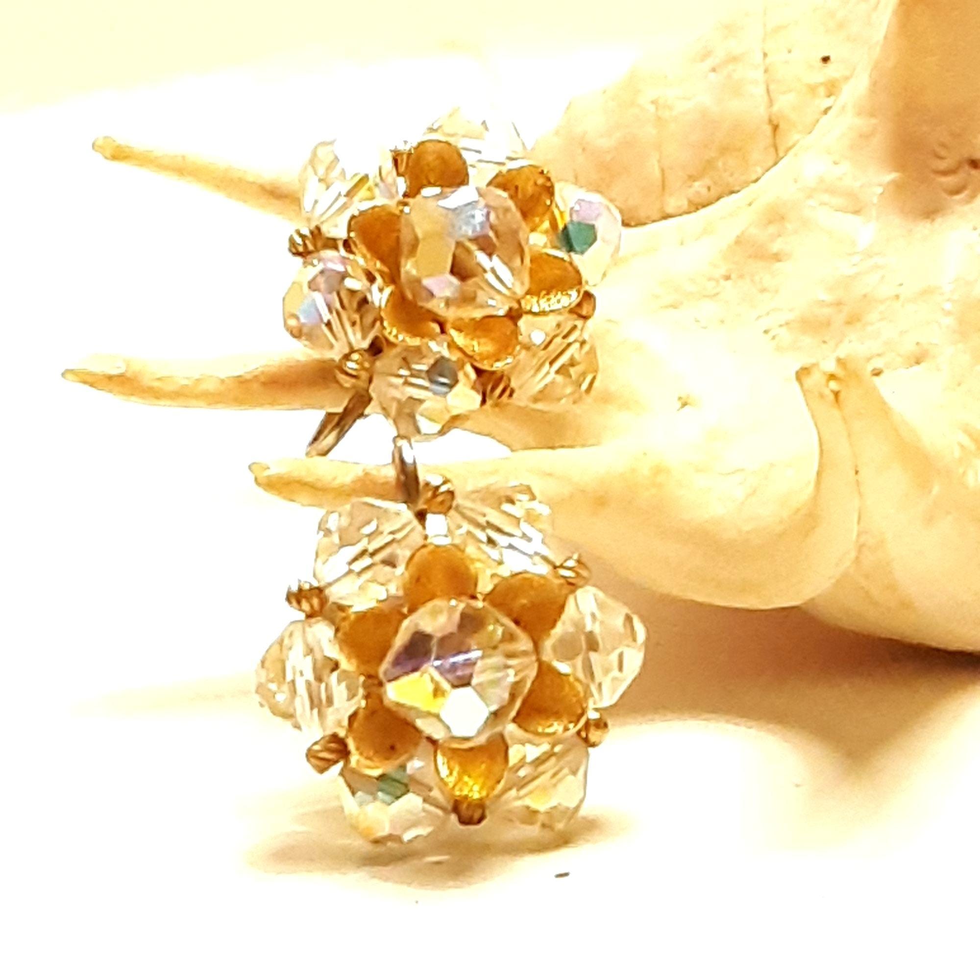 Boucles D'oreilles Vintage Clip - Quartz Aurore Boréale Et Métal Doré, Modèle E150