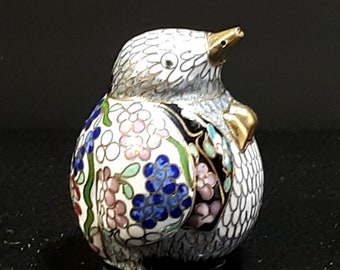 Chinese Cloisonne & Brass Vintage Snuff Opium Salt Bird Floral White Ground Gilded