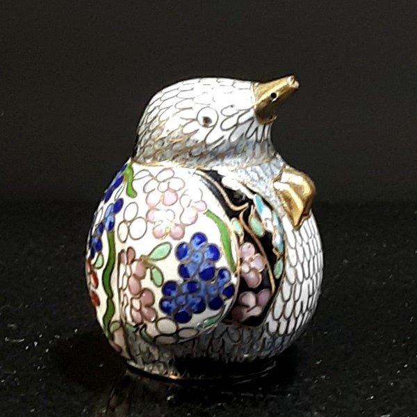 Chinese Cloisonne & Brass Vintage Snuff Opium Salt Bird Floral White Ground Gilded