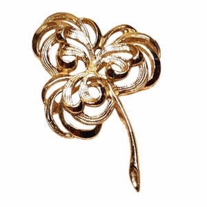 Vintage Goldtone Open Work Scroll Clover Brooch Signed