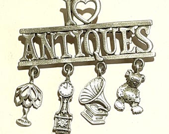 Vintage JJ jonette Brooch Pin "I Love Antiques" Charms